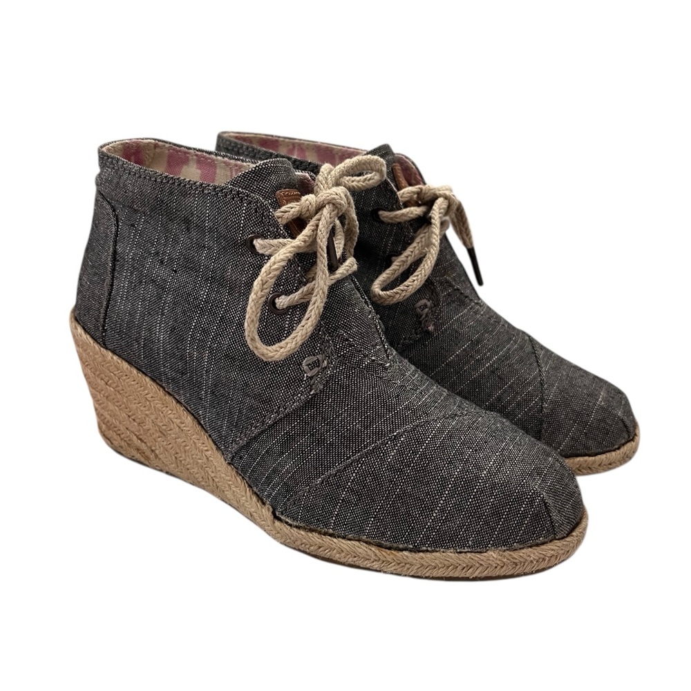 TOMS Espadrille Wedge Ankle Booties Fabric Lace Up Blue Combo 5.5